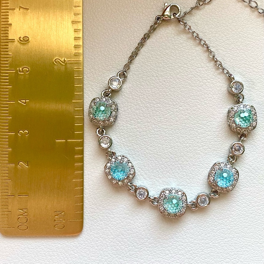 Aqua Crystal Halo Silver Bracelet